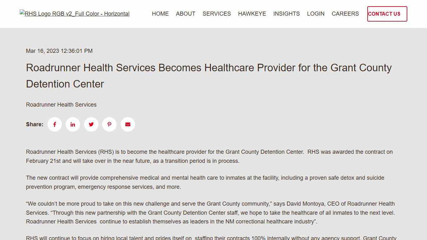 Roadrunner Health Becomes Provider, Grant Co. Detention Center