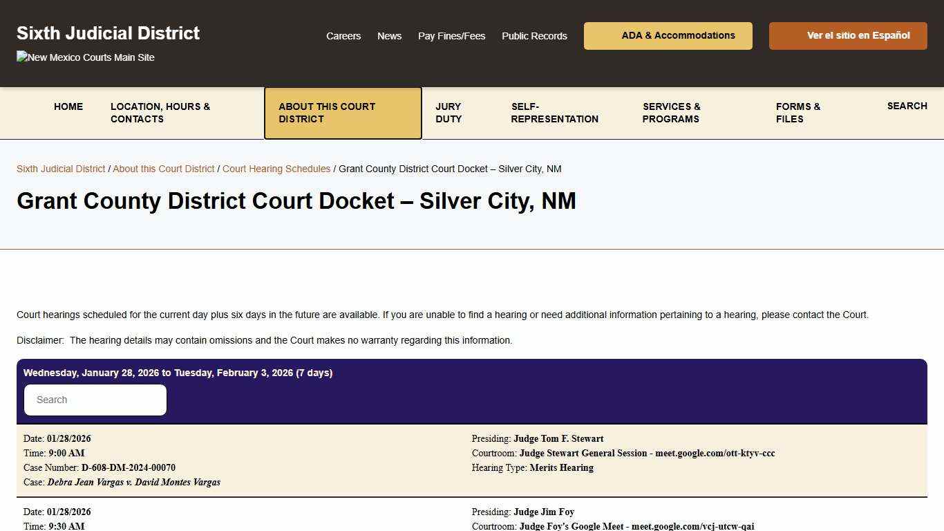 Grant County District Court Docket - Silver City, NM - Sixth Judicial District